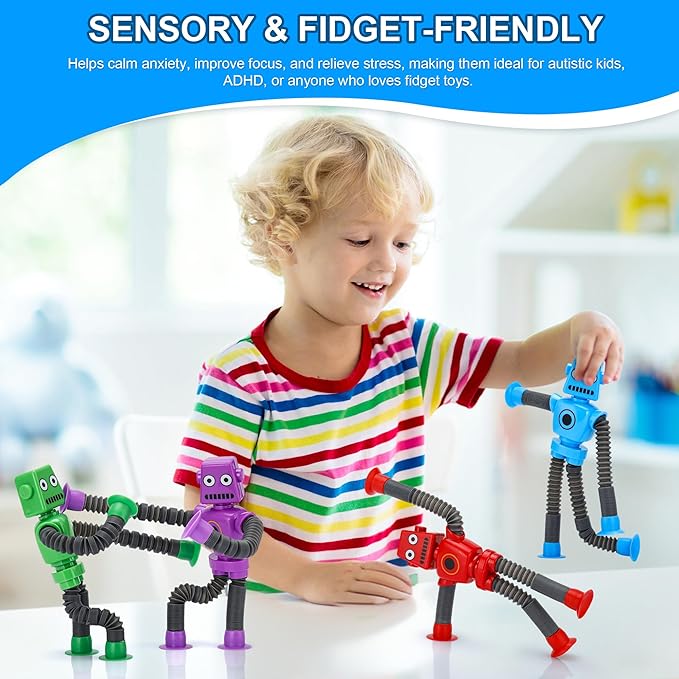 Robot Suction Cup Toys Pop Tubes | 6 PCS-Stretchy Sensory Fidget Toys for Kids Ages 3+ | Perfect for Travel, Party Favors,Autism, Stress Relief | Fun Robot-Shaped Suction Cup Toys