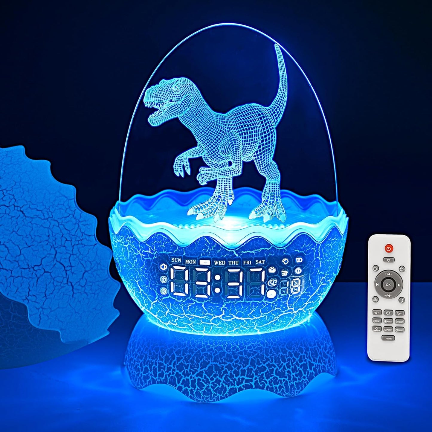 Dinosaur Night Light for Kids with Alarm Clock White Noise Bluetooth Speaker, Dinosaur Toys 16 Colors LED Decor Light with Remote Control &Timer, Dinosaur Gifts Birthday Xmas Gift for Boys/Girls/Kids…