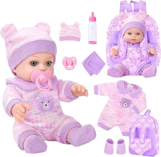 12'' Baby Doll with Bear Pattern Backpack in Gift Box,Including Clothes Accessories, Backpack, Baby Bottle, Pacifier, Hat, Socks, and Handkerchief for 3+ Child Girls Gifts