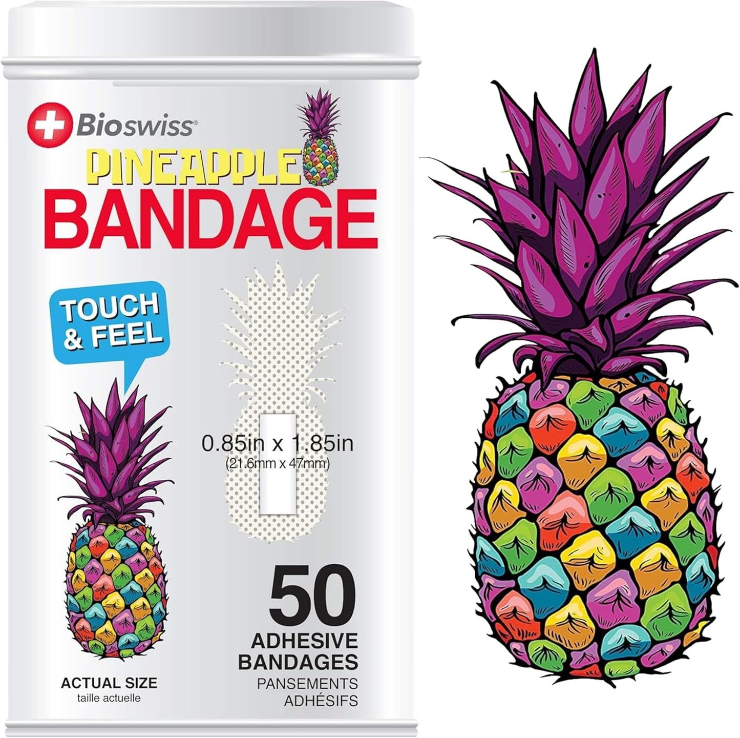 BioSwiss Bandages, Pineapple Shaped Self Adhesive Bandage, Latex Free Sterile Wound Care, Fun First Aid Kit Supplies for Kids, 50 Count