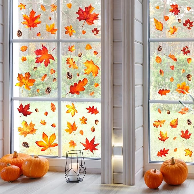 Whaline 9 Sheet Fall Window Clings Watercolor Orange-Brown Maple Leaves Pine Cone Acorn Double-Sided Reusable Windows Decals for Autumn Thanksgiving Halloween Home Windows Glass Holiday Decor