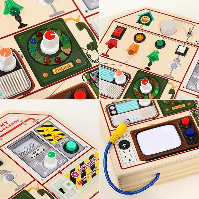 JAUNTY Montessori Wooden Busy Board for Toddlers 3 4 5 Years Old, Wooden Sensory Toddler Toys with LED Light Switches, TV Radio Telegram and Car Driving, Travel Toys Birthday for Boys Girls