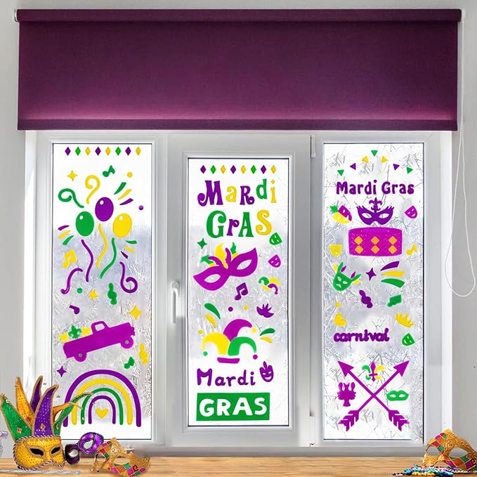 Mardi Gras Decorations - Window Gel Clings, Mask, Balloons, Clown Clings for Glass Windows, Party Decorations