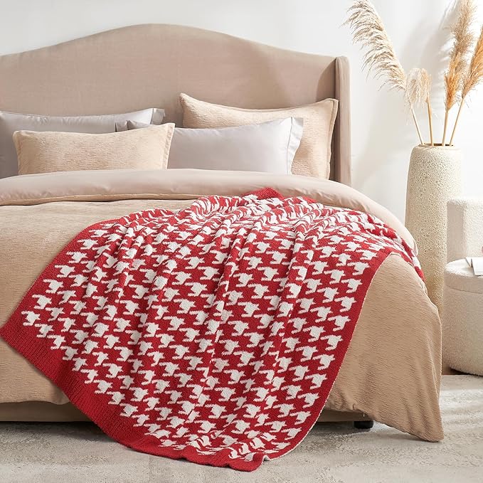 Snuggle Sac Christmas Red Houndstooth Throw Blanket for Couch, Reversible Super Soft Warm Blankets Cozy Knit Fuzzy Plush Lightweight Throws for Sofa Bed Houndstooth Red, 50x60 inches