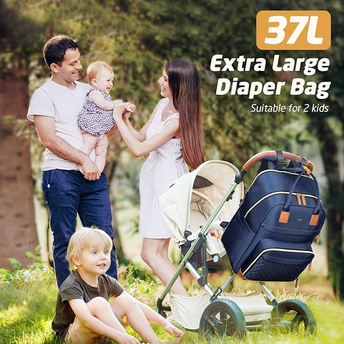 Diaper Bag Backpack - Extra Large Diaper Bag for 2 Kids Twin, Travel Baby Bags for Mom Dad 25-37L Expandable with Changing Pad Earphone Hole, Solid Blue