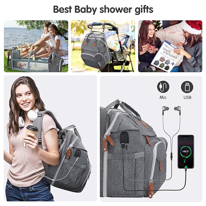 DERJUNSTAR Baby Diaper Bag Backpack with ChangingStation-Large Capacity Baby Bag for Boys & Girls, USBCharging Port, Pacifier Case, sunshade & Toy Bar,Waterproof， Pale Grey