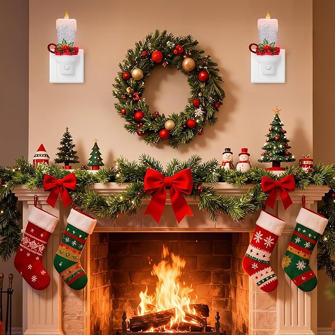 2 Pack Christmas Candle Night Light Plug into Wall Glitter Water Nightlight with USB/Outlet Options, Christmas Decorative Nightlight for Bedroom Kitchen Nursery Holiday Decorations Gifts (Candle)