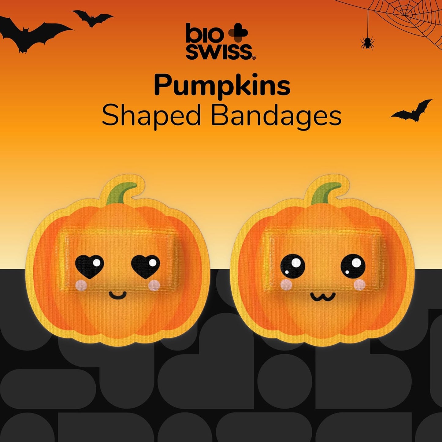 BioSwiss Bandages, Halloween Pumpkin Shaped Self Adhesive Bandage, Latex Free Sterile Wound Care, Fun First Aid Kit Supplies for Kids, 24 Count