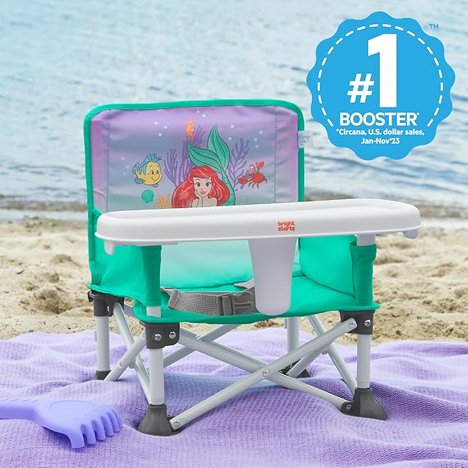 Bright Starts Disney Princess Ariel Pop 'N Sit Portable Booster, Indoor/Outdoor Use, Floor Seat with Feeding Tray, 6 Mos - 3 Yrs