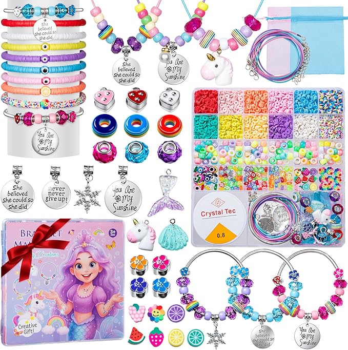 Charm Bracelet Making Kit - 2400+ Pcs Jewelry Making Kit with Clay Beads, Letter Beads, Smiley Face, Evil Eye, Fruit Charms, Unicorn Mermaid Pendants & Charm-Style Beads for DIY Bracelets & Necklaces