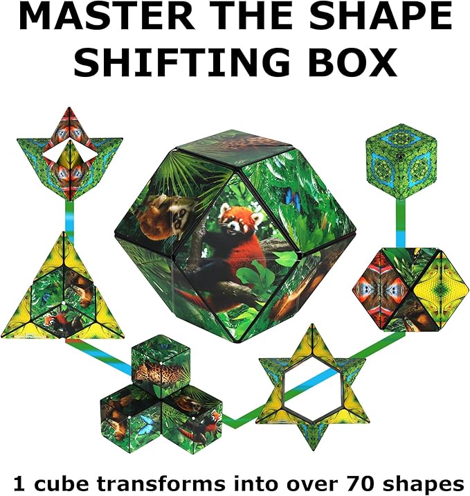 SHASHIBO Shape Shifting Box - Award-Winning Fidget Toy w/ 36 Rare Earth Magnets - Fidget Cube Transforms Into Over 70 Shapes, Sensory Toy Gift for Kids, Teens, and Adults (Wild Series - Jungle)