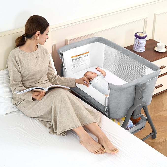 Real Relax Baby Bassinet Bedside Sleeper, 3 in 1 Bedside Rocking Bassinet for Baby with 6 Adjustable Height, Breathable Mesh Sides & Mattress, Storage Basket, Mosquito Nets, Easy to Fold, Grey