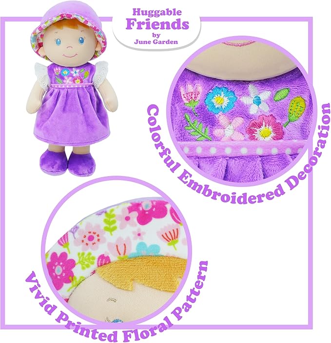 June Garden 12" Soft Dolly Laura - Stuffed Soft Baby Doll Gift for 1 2 3 Year Old Girls - Purple Dress