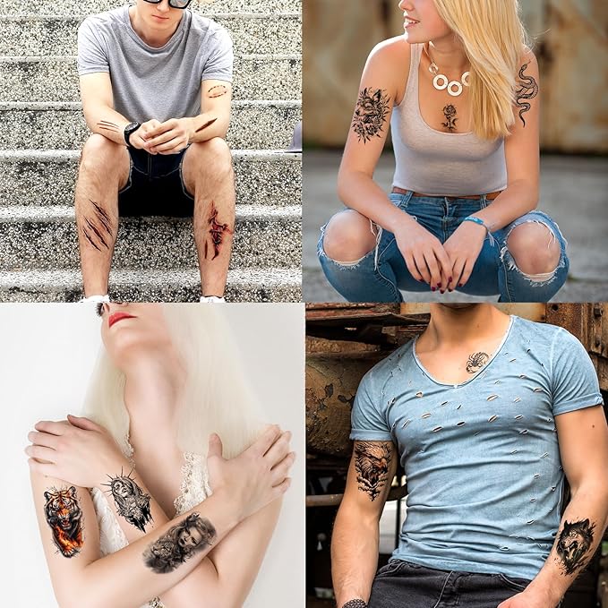 102 Sheets Halloween Tiny Temporary Tattoos Stickers, Fake Tattoos That Look Real And Last Long, Halloween Tattoos Include Black Scary Wolf Lion Tiger Skeleton Skull