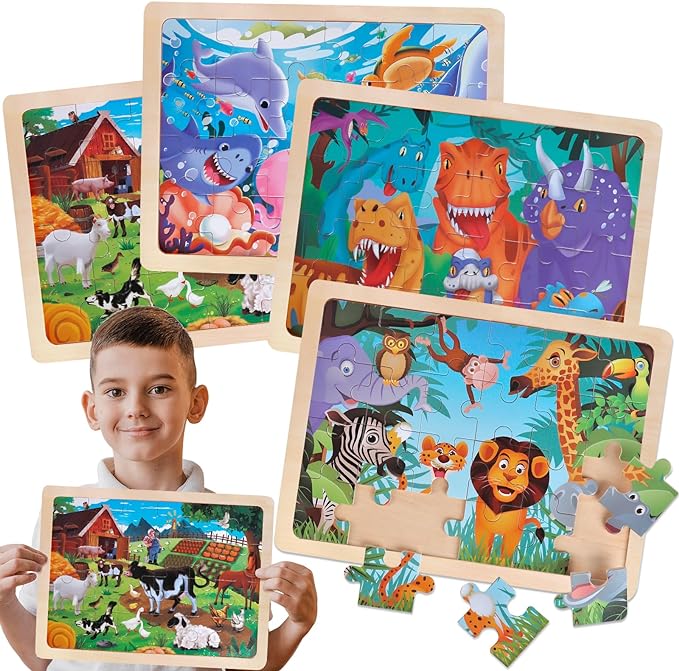 Jigsaw Puzzles Wooden Puzzles for Kids Ages 3-5 Preschool Educational Brain Teaser Boards Toddlers Toys Dinosaur Farm Zoo Sea World Gifts for 3 4 5 6 Year Old Boys Girls 4 Packs 24 Pcs