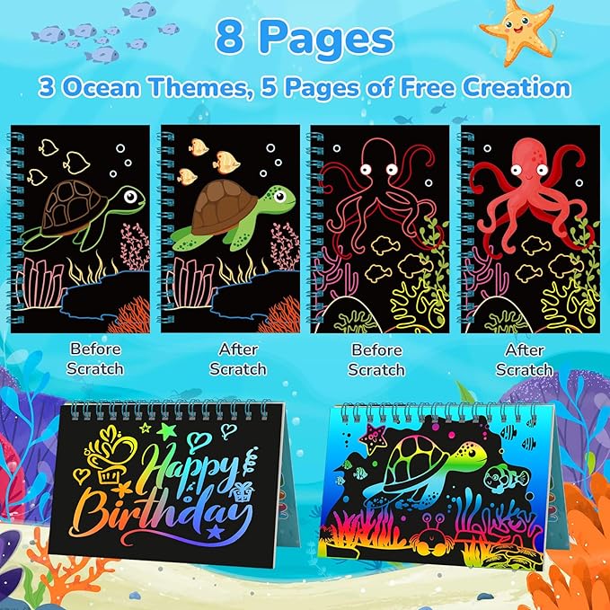 12 Pack Under the Sea Scratch Art Party Favors for Kids - Rainbow Scratch Paper with Ocean Animals Scratch Off Cards Easter Birthday Goodie Bags Stuffers - Return Gifts DIY Classroom Prizes