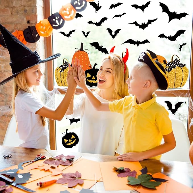 Whaline 6 Sheet Halloween Window Clings Black Orange Pumpkin Bat Reusable Window Decals for Haunted Party House Office School Home Glass Decor