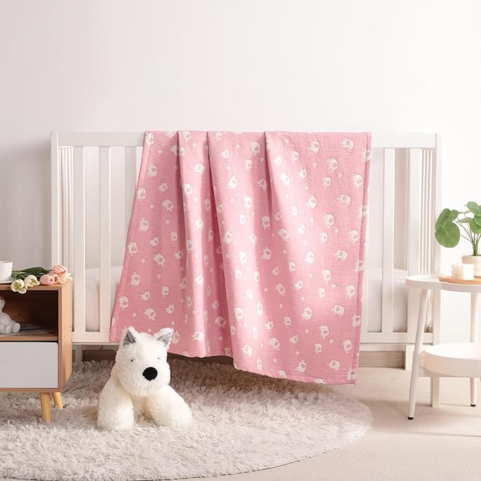 NTBAY 3 Layer Oversized Muslin Cotton Toddler Blanket, Jacquard Reversible Nursery Bed Blanket, Super Soft and Thermal for All Seasons, Baby Gift, 45"x60", Pink Elephant