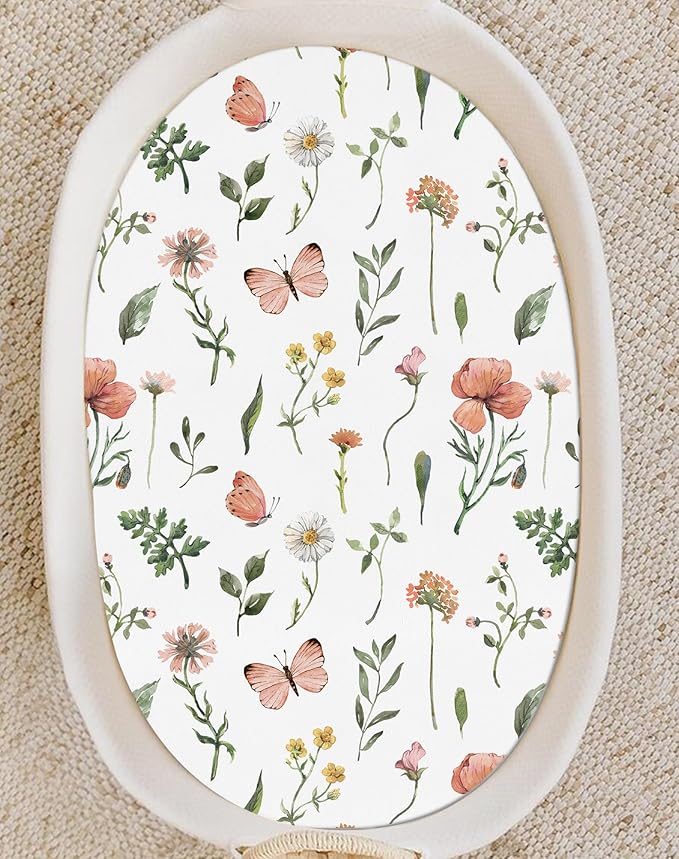 Bassinet Sheets for Baby Girls Boys 2 Pack, Fitted Baby Mattress Sheet for Rectangle, Oval, Hourglass Bassinet Mattress, Breathable Cozy & Universal Fit (Butterfly Garden)