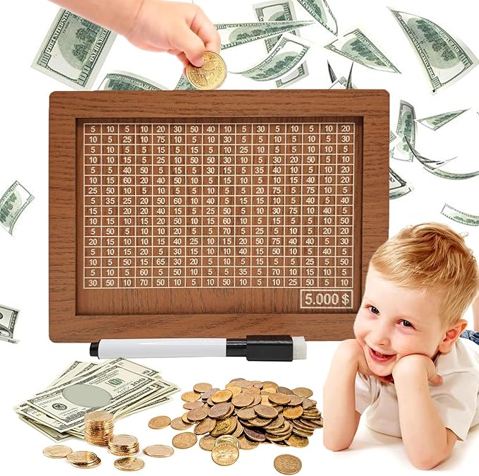 10000 Savings Challenge Box, Money Saving Box with Money Target and Numbers, Cash Vault Wooden Savings Box, Wooden Money Box, Coin Counter Piggy Bank for Adults, Wooden Coin Bank for Kids 5,000