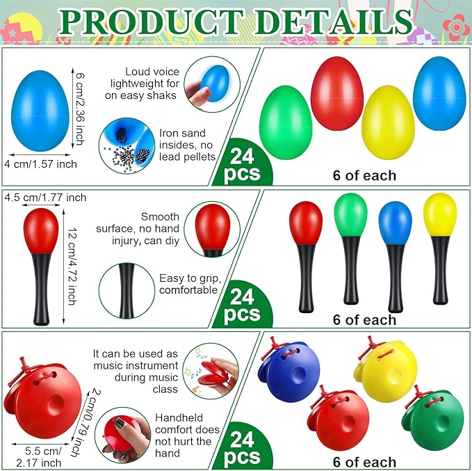 120 Pcs Musical Instruments Learning Percussion Toy Include 24 Plastic Egg Shakers 24 Hand Held Sand Hammers Maracas Rattle 24 Hand Clappers 24 Rhythm Sticks Wood Lummi Sticks 24 Finger Castanets