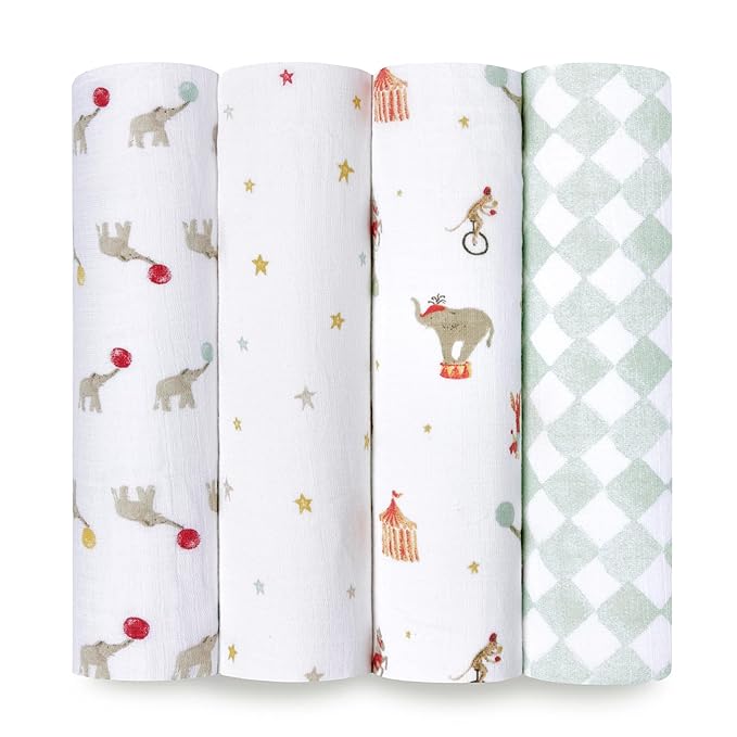 aden + anais Essentials Baby Muslin Swaddle Blankets, Newborn Receiving Blanket for Swaddling, 100% Cotton Baby Swaddle Wrap, 4 Pack, Elephant Circus