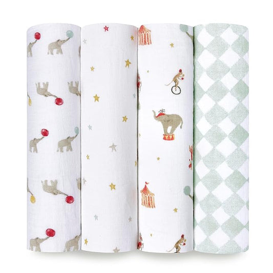 aden + anais Essentials Baby Muslin Swaddle Blankets, Newborn Receiving Blanket for Swaddling, 100% Cotton Baby Swaddle Wrap, 4 Pack, Elephant Circus