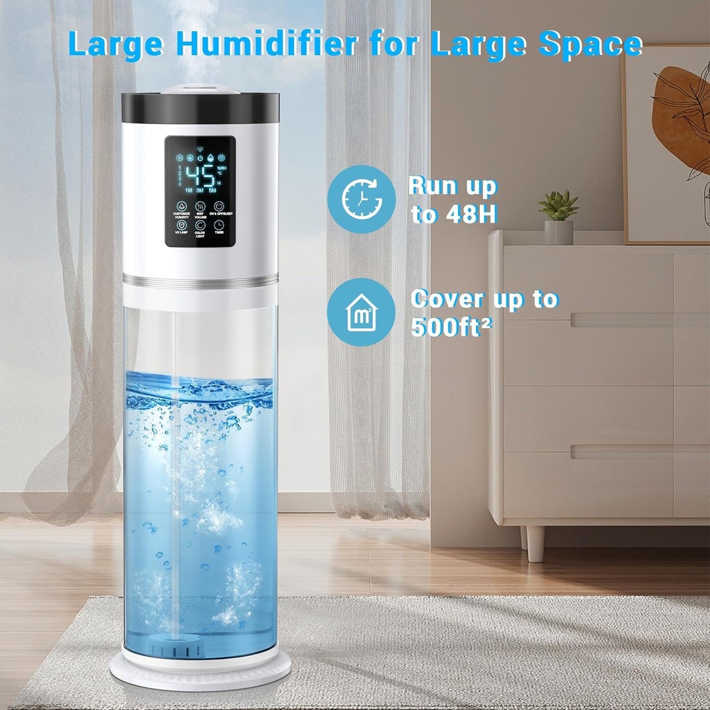 2.1 Gal Humidifiers for Bedroom Large Room, 4 Levels Cool Mist Humidifier with Clear Tank, 7 Color Lights Essential Oil Diffuser with 16H Timer, Top Fill Air Humidifier for Home Plants Office