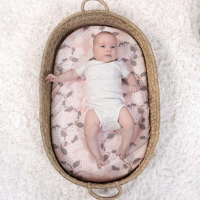 The Peanutshell Baby Organic Bassinet Sheets 4-Pack Unisex - Soft, Oval & Rectangle Baby Girls or Boys Sheet, 100% Jersey Cotton, Fitted Covers for Crib, Halo Bassinet Mattress - Cottage Floral