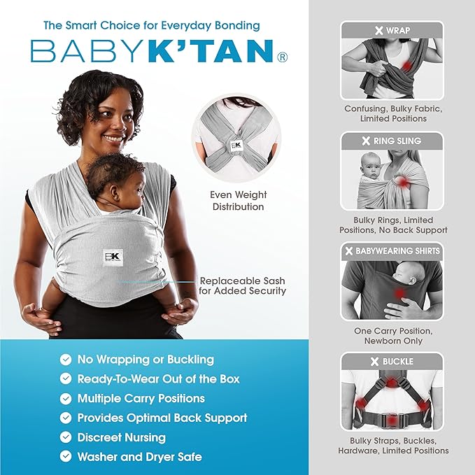 Original Baby K'tan Baby Carrier: #1 Easy Pre-Wrapped, Soft, Slip-On, No Rings, No Buckles | 5 in 1 Baby Sling Gift | The Best Hands Free Infant Wrap | Heather Grey | Medium