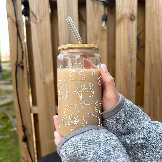 Cute Capybara Stuff - Glass Cup with Lid and Straw, Capybara Gifts for Women Girls, Funny Birthday Decoraions, Iced Coffee Cup Smoothie, 16 oz