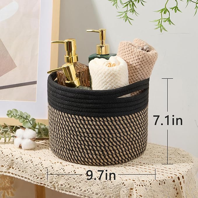 Small Basket for Organizing | Cube Shelf Closet Storage Baskets | 9.7×9.7×7.1” | Woven Rope Gift Basket | Nursery | Round 3 Packs Black Brown