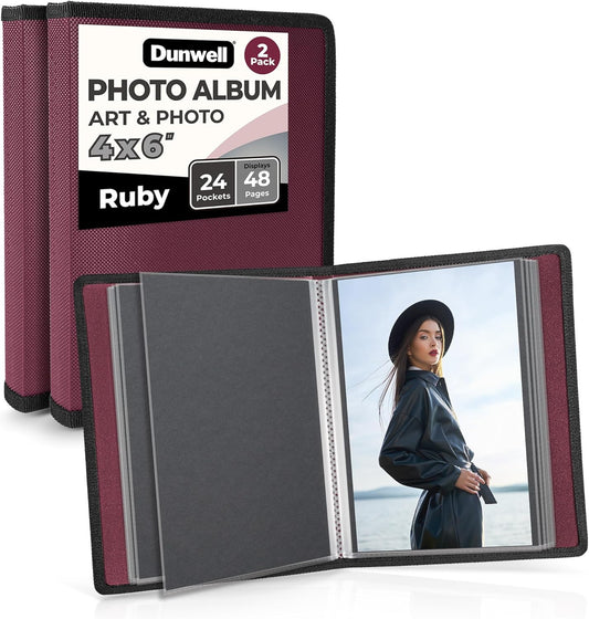 Dunwell Small Photo Album 4x6 (2-Pack, Ruby), Mounting Paper, 4 x 6 Photo & Art Portfolio Presentation Binder, 24 Sleeves Display 48 Pages, Professional Mini Picture Book for Artwork, Postcards