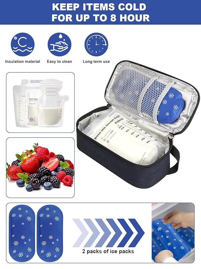 YOUSHARES Breastmilk Cooler Travel Bag with Digital Thermometer, Small Insulated Baby Milk Storage with 2 Ice Packs, Daycare and On-The-Go Moms （Navy）