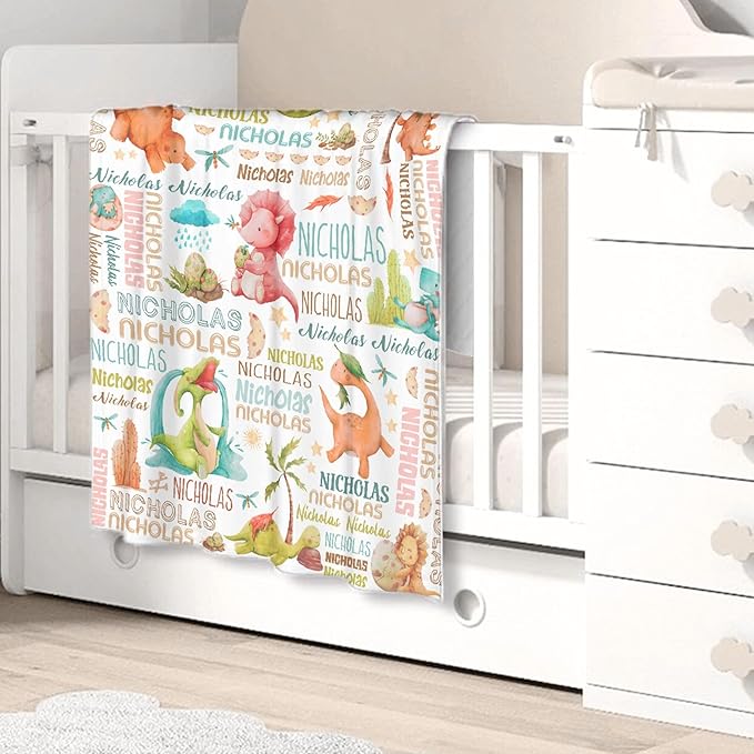 Personalized Baby Blanket for Girls Boys Kids Dinosaur Custom Baby Blanket with Name Throw Birthday Gift for Toddlers Infants Shower Newborns Nursery Stroller Crib Bed Decor