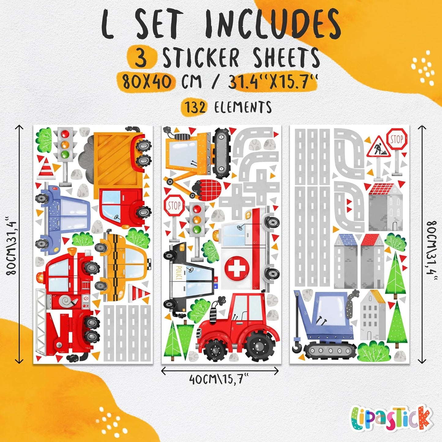 Car Wall Decals by Lipastick - Peel and Stick Transport Road Trucks Stickers for Boys Room, Toddler Bedroom, Baby Nursery, Kids Playroom, Living Room- Removable Decor - L Size