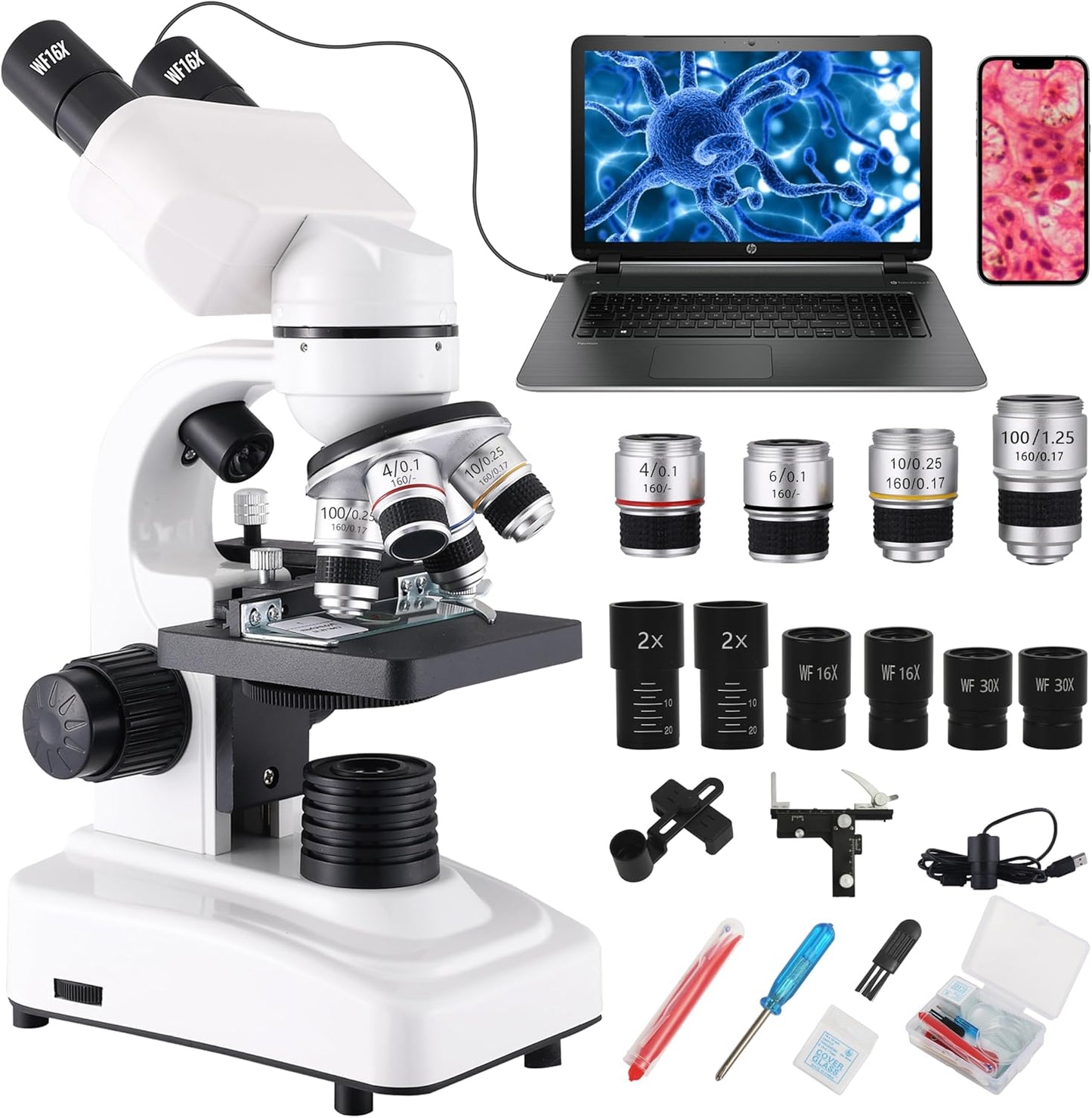 Compound Binocular Microscopes 64X-6000X with Electric Len, Microscope for Adults Kids Students, 4 Objective Lens, Biological Microscope Kit for School, Lab