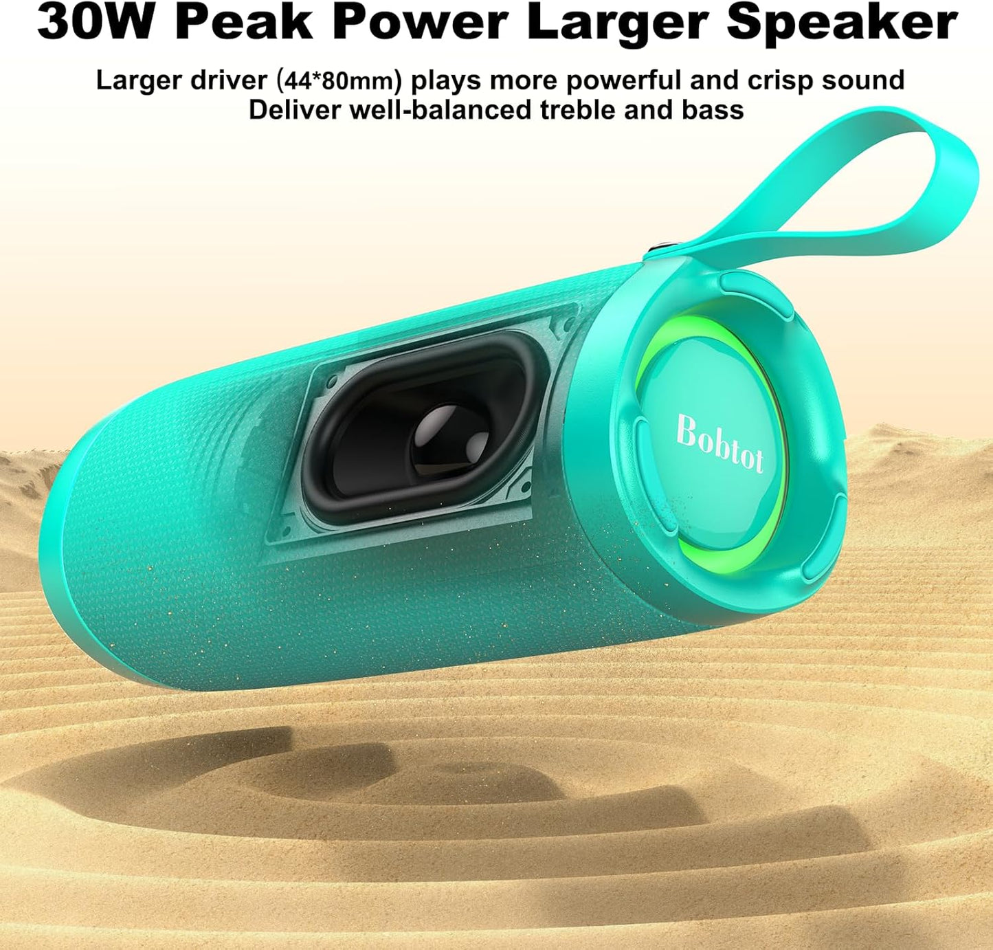 Bobtot Portable Bluetooth Speaker, IPX6 Waterproof Speaker with Punchy Bass, 15W Loud Sound, RGB, 15H Playtime, Dual Pairing for Party, Camping, Beach, Green