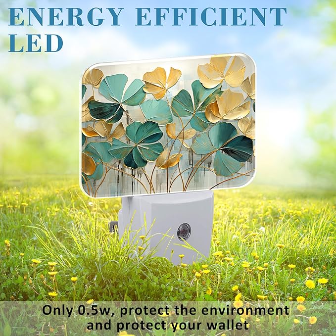 Luxurious Golden Green Foliage Night Light Golden Green Leaf Nightlight Plug into Wall with Dusk to Dawn Sensor for Kid Girls Boys Women Men Room, Hallway, Kitchen, Bathroom, Stairs Decor