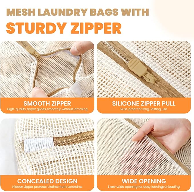 4Pcs Large Cotton Mesh Laundry Bags for Delicates,Breathable Mesh Garment Bag for Washing Machine,Travel Wash Bags with Zipper for Bras,Underwear,Socks,Clothes,Laundry Dorm Room Essentials(XL)