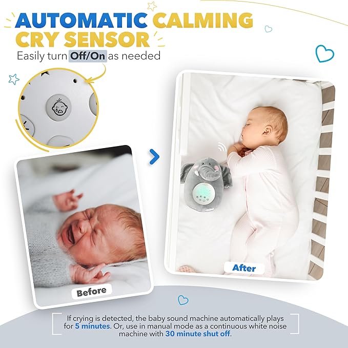 Bubzi Co Sound Machine, Portable Elephant Soother & Night Light Projector, Comforting Electronic Infant Toddler Sleep Aid & Baby Shush With White Noise