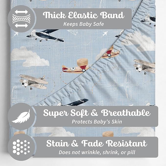 Baby Bassinet Sheets for Boy, Girl (Airplanes & Clouds) 2-Pack - Fitted Bedside Bassinet Sheets - Buttery Soft Cotton Blend for Standard Mattress Pad