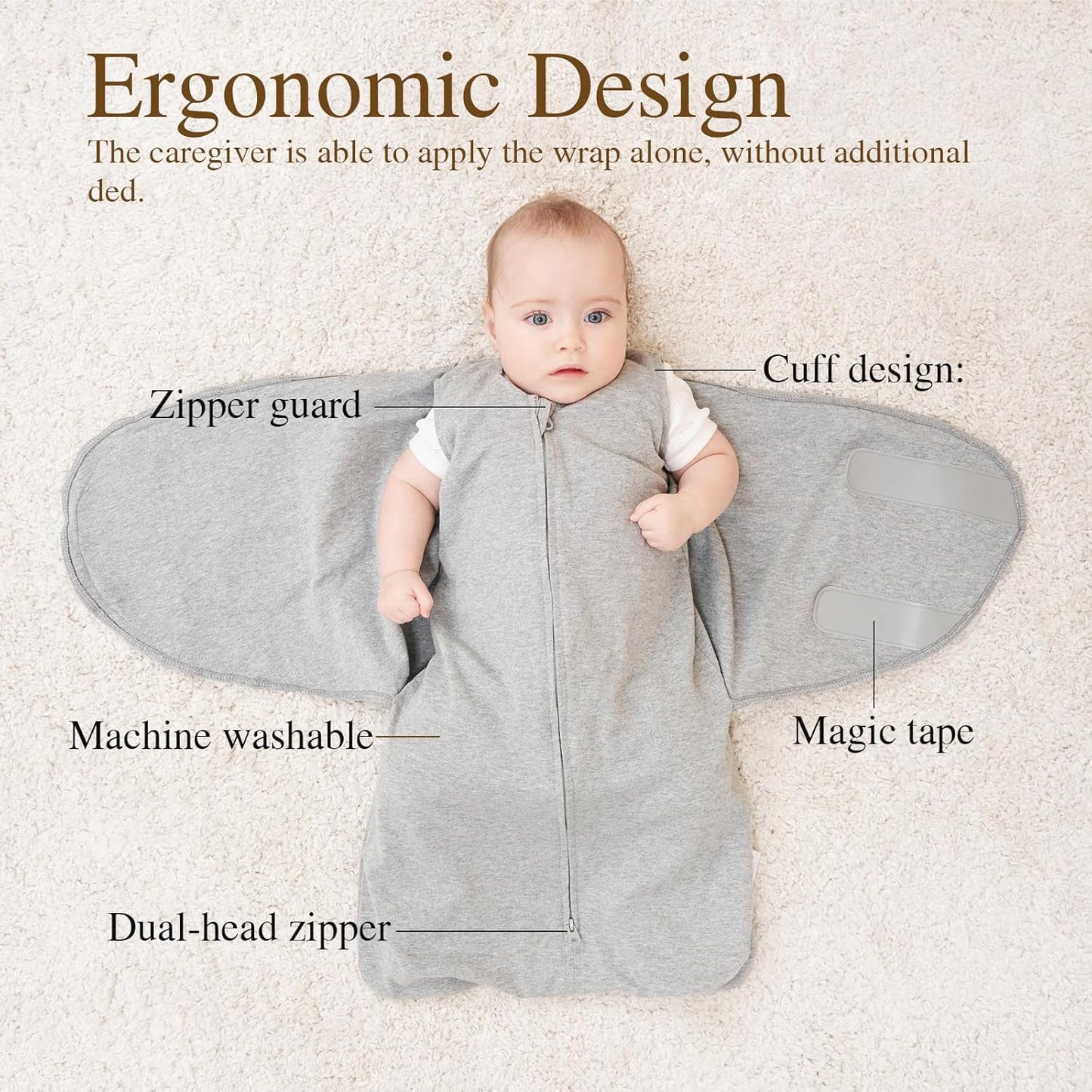 Swaddle-Blanket Baby Girl & Boy Swaddles Newborn Infant Transition 100% Cotton Wrap Blankets, 3-Way Adjustable Wearable Blanket, TOG 1.0 (Grey, 3-6 Month)