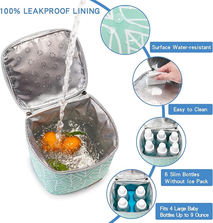 Breast Milk Cooler Bag with Ice Pack Fits 4 Baby Bottles Up to 9 Ounce, Baby Bottle Bag for Nursing Mom Daycare-Green