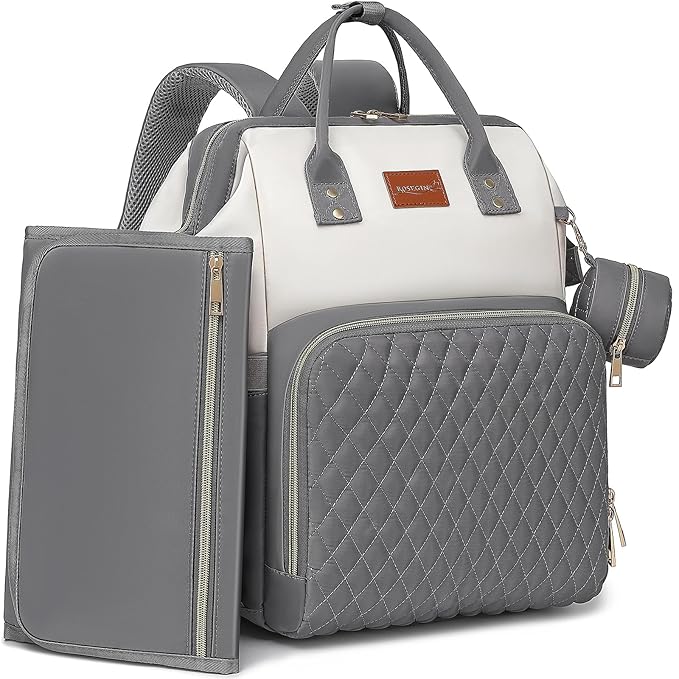 Baby Diaper Bag Backpack with Changing Pad, Pacifier Case, for Boy Girl Toddler - Large, Stylish, Waterproof Travel Quilted Diaper Bag for Mom - Gray/White