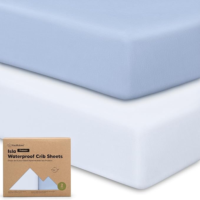 2-Pack Waterproof Baby Crib Sheets for Boys, Girls - 52x28 Viscose Derived from Bamboo Toddler Bed Sheet Neutral, Fitted Crib Mattress Protector Cover for Baby Bedding, Soft & Gentle (Blue Flax)