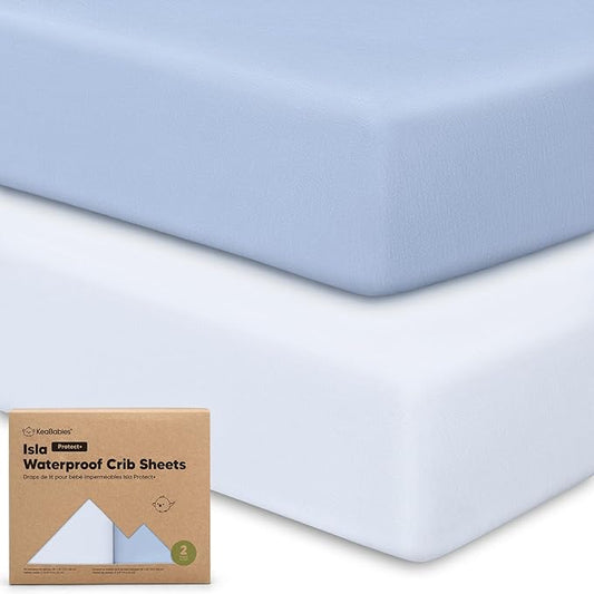 2-Pack Waterproof Baby Crib Sheets for Boys, Girls - 52x28 Viscose Derived from Bamboo Toddler Bed Sheet Neutral, Fitted Crib Mattress Protector Cover for Baby Bedding, Soft & Gentle (Blue Flax)