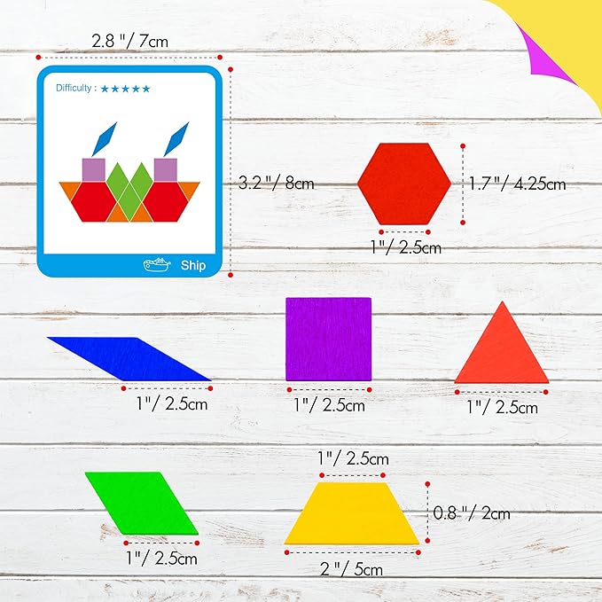 155 PCS Wooden Pattern Blocks Set, 24 Double-Sided Design Cards(48 Patterns) Geometric Shape Puzzle Fun Tangram Montessori Learning Toys for Kids Ages 4-8 (A Storage Bag & A Gift Box)