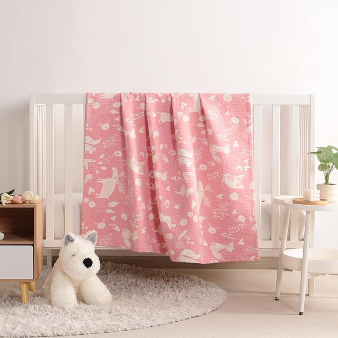 NTBAY 3 Layer Toddler Blanket, Muslin Cotton Jacquard Bed Blankets, Lightweight Thermal Baby Blanket, Super Soft and Warm Crib Blanket for All Seasons, Decoration Gift, 30"x40", Pink Owl