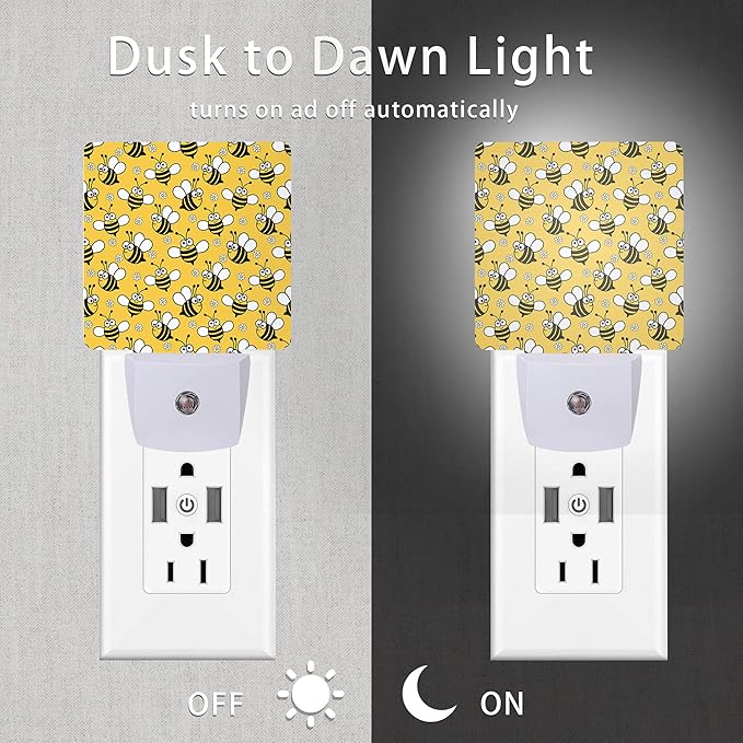 Bee Night Light,Cute Cartoon Bees Plug-in Night Lights with Dusk-to-Dawn Sensor for Bedroom, Bathroom and Living Room Sleep Friendly lamp for Women/Girls/Boys Gift,0.5W